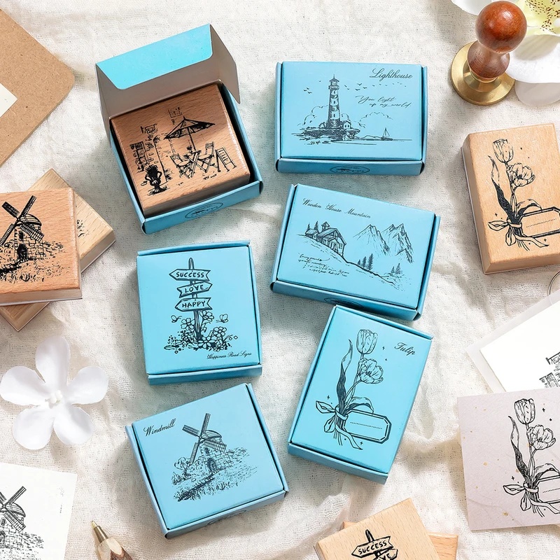 Scrapbooking - Timbres en bois vintage, motifs rétro